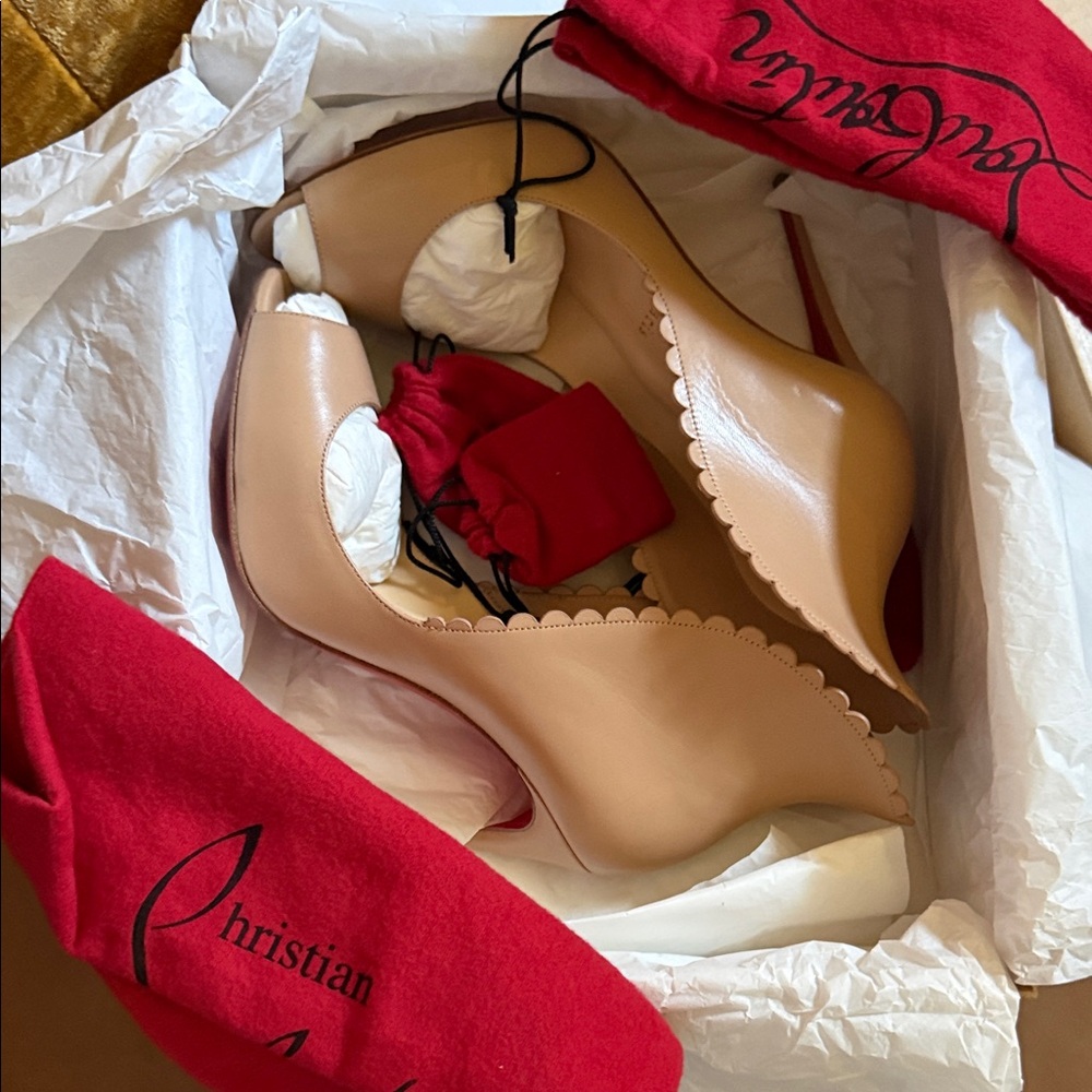 Christian Louboutin Beige Scalloped Peep Toe Heels